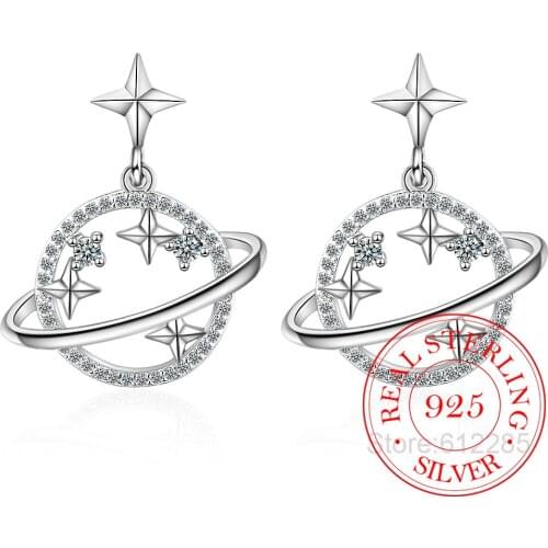 100% 925 Sterling Silver Piercing Crystal Planet Star Stud Earrings for Women Wedding Party Gift Femme Jewelry pendientes