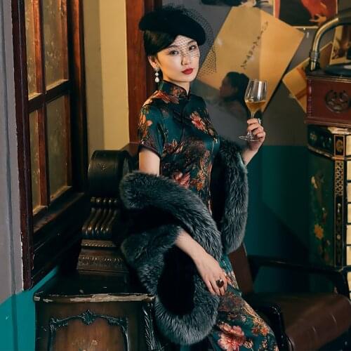 Silk Qipao Evening Dresses Blackish Green Print Cheongsam Dress Large Size RetroCheongsams Traditional Qipao Chinese Dress