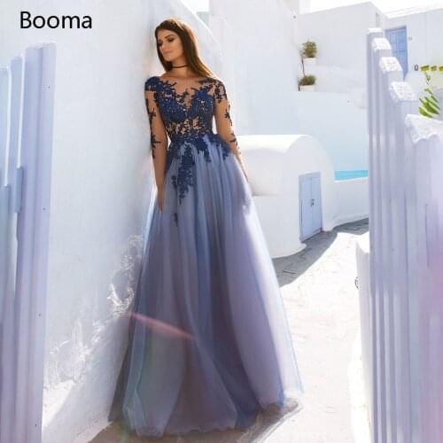 Booma Scoop Blue Prom Dresses Sheer Neckline Long Sleeves Lace Appliques Evening Dresses Keyhole Back A-Line Formal Gowns