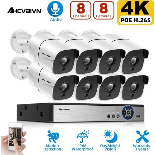 AHCVBIVN 4K Security CCTV System 8CH POE NVR 8MP IMX415 Outdoor Waterproof POE Audio IP Camera H.265 Video Surveillance Kit