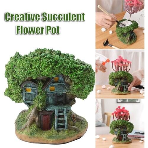 Creative Planter Statue Decorative Succulent Flower Pot with Drainage Hole Micro Landscap Resin Treehouse Ornament ALI88
