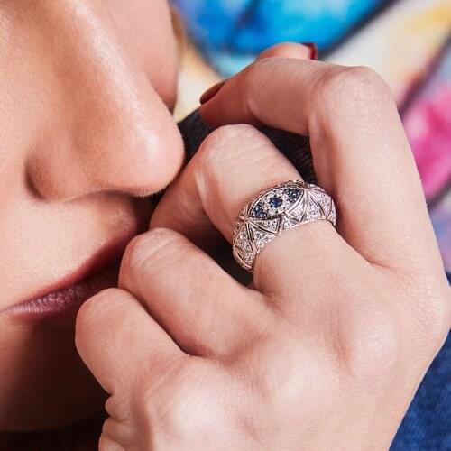 UMGODLY Fashion Ring Blue Evil Eye Ring Statement Silver Color Finger Ring Micro Zirconia for Women Couple Luxury Brand Jewelry