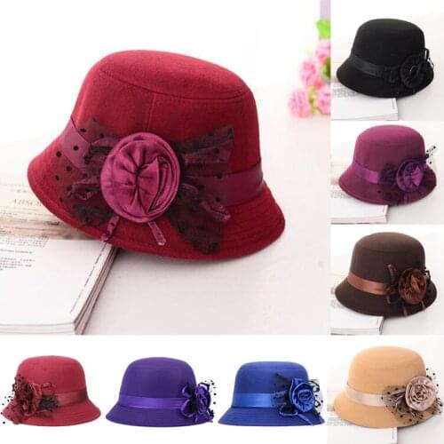 Fedora Hat Women Bucket Cap Vintage Imitation Woolen Flower Bowler Hats Wide Brim Elegant Autumn Winter Warm Soft Fedora Hat