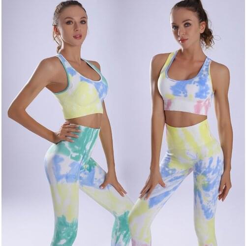 Women Yoga Sportswear Seamless Running Suits Green+ Blue Tie Dye Gym Active Clothing High Waist Tummy Control Pants Fitness Set