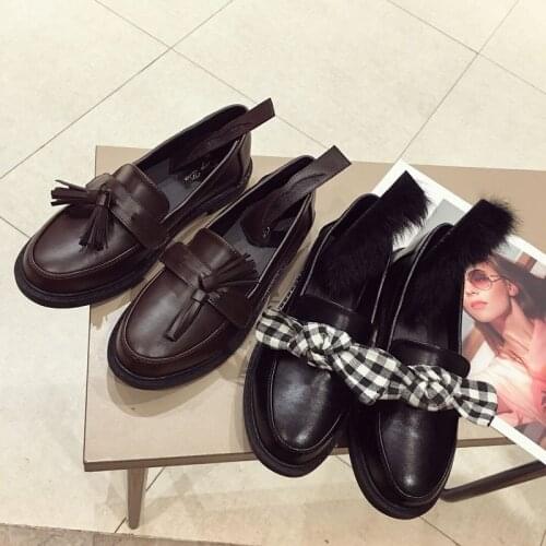 British Small leather shoes for women 2021 round toe low heels loafers woman flats brogue chic fur/tassel/plaid bow-knot oxfords