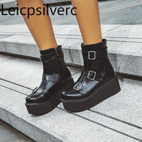 Womens Boots Autumn And Winter The New Round head zipper belt buckle Wedge High heel Short tube Womens shoes plus size 33-46