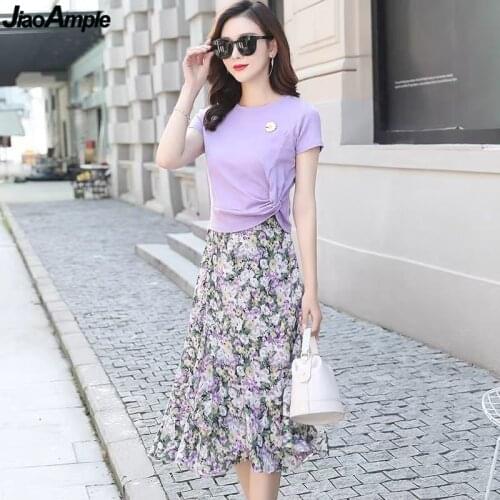 Women Fashion daisy T-shirt skirts set 2021 girls trendy graceful purple flower dress wholesale