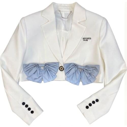 Bow Patchwork Color Matching Short Jackets Blazers for Women Elegant All Match Fashion White Suit Coats 2021 New Blazer Suits