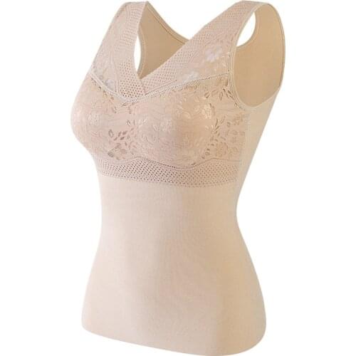 Women Padded Bra V Neck Vest Tank Thermal Shirt Women Sleeveless Elastic Velvet Thermal Top Petal Warm Underwear Soft