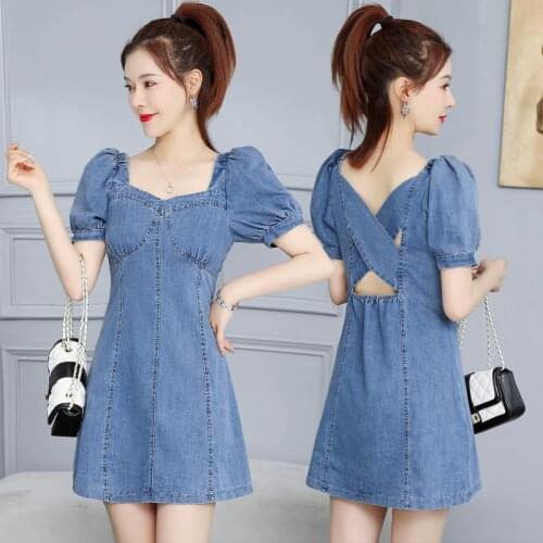 2021 Korean style denim mini dress women puff short sleeve square collar jean dresses slim waist criss-cross backless vestidos