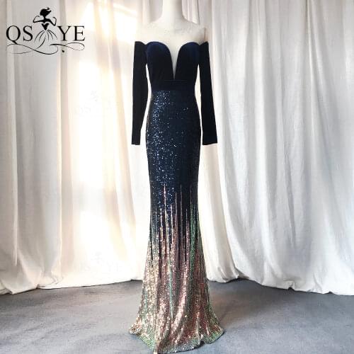 QSYYE Navy Long Evening Dresses Mermaid Long Sleeves Prom Gown Velvet Party Dress Sequin Fading Formal Gown Fitted Woman Fashion
