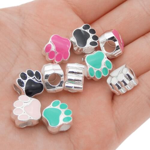 10pcs Enamel Cat Dog Paw Footprint Beads Mix Colors Alloy Spacer Loose Beads For Charms Bracelet Bead Jewelry Accessory 11mm