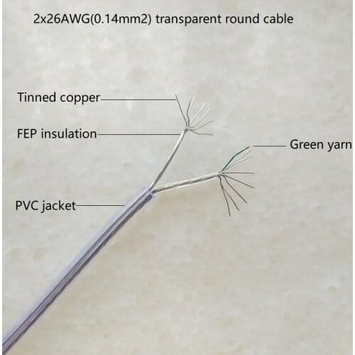 2*0.14mm2(26AWG) FEP insulation power cord transparent electric cable for Lighting lamps driver lampholder cable