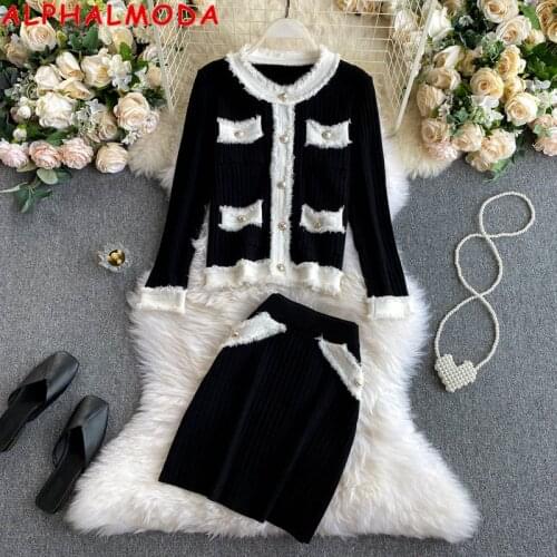 ALPHALMODA Elegant Autumn Suit Womens Knitted Blouse High Waist Skirt Fashionable 2pcs Set Single Breasted Trendy Jumper Skirt