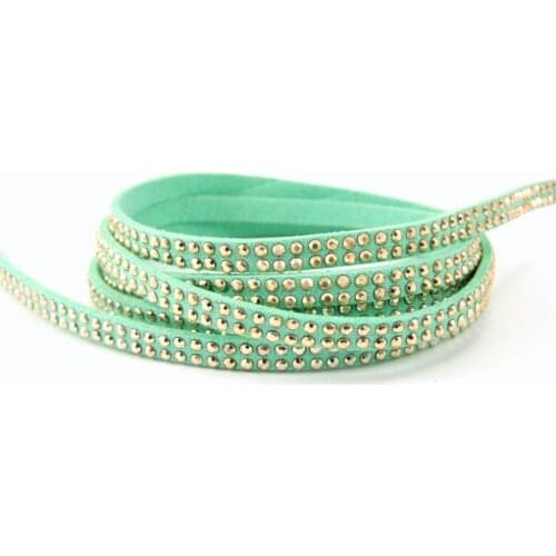 Free Ship 100 Meters 5mm*1.5mm Mint Green Flat Faux Suede Leather Cord With Two Lines Gold Studs