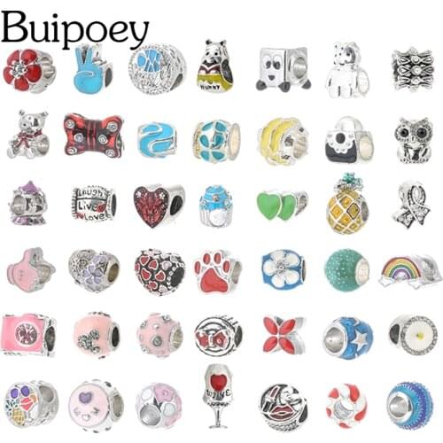 Buipoey Pink Heart Beads Silver Color Star Bear Charm For Bracelet & Necklace Diy Womens Bangle Jewelry Accessory Beaded