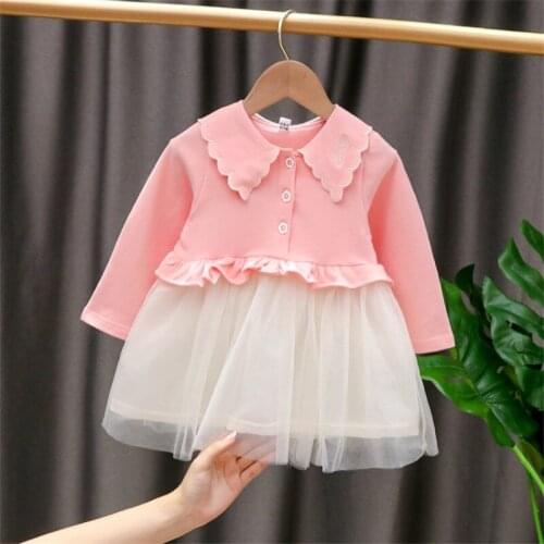 New Kids Dresses Girls Baby Long Sleeve Autumn Clothes Buttons Ruffle Mesh Splicing Lovely Party Princess Dress Children Outfits