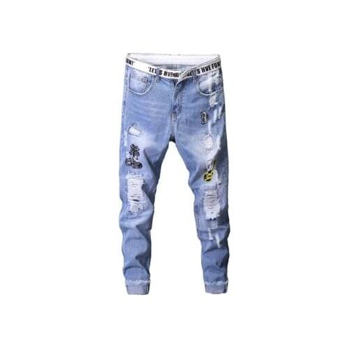 2020 Hip Hop Men Stretchy Ripped Skinny Biker Embroidery Print Jeans Destroyed Hole Taped Slim Fit Denim Scratched High Quality