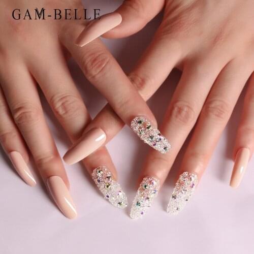 GAM-BELLE 24Pcs 3D Caviar Beads Designs Fake Nails DIY Artificial False Nails Tips French Full Press On Nail Art Decoration