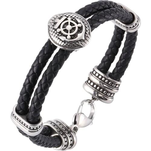 Personality Rudder Shield Stainless Steel Black Braided Double Layer Leather Bracelets Fashion Wrist Band Gift SP0177