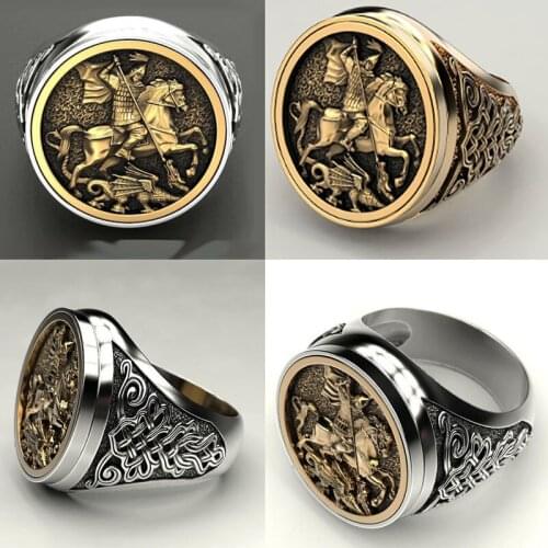 Punkboy Golden Mens Ring Domineering Knight Horse Dragon Craved Geometric Pattern Metal Ring for Party Jewelry Size 6-13