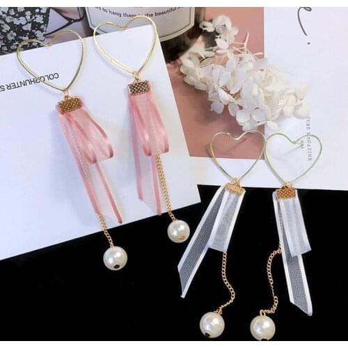 Korean pop Temperament Heart-Shaped Lace Pearl Tassel Long Pendant Earrings For Women Fashion Metal Jewelry Wholesale