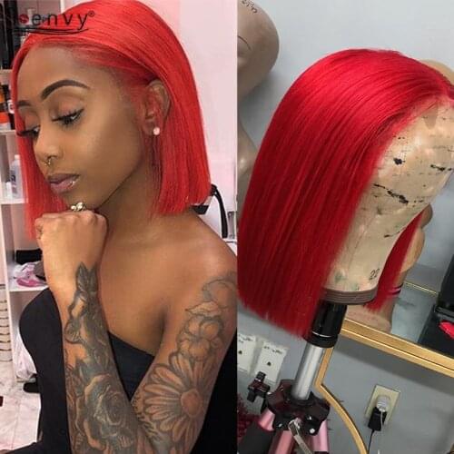 Red Short Bob Wigs Straight For Women 13X4 Lace Front Human Hair Wigs Pre Plucked 150% Peruvian Colored Red Lace Wig Non-remy