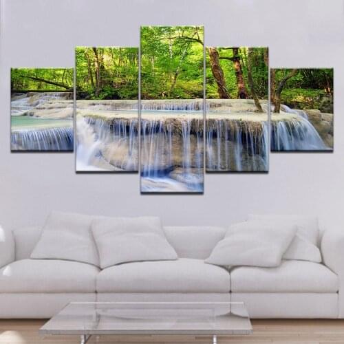 Forest waterfall landscape 5 Piece Canvas Wallpapers modern Modular Poster art Canvas painting for Living Room Home Decor