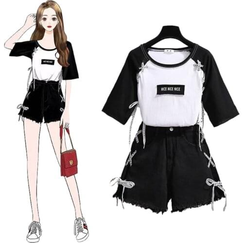 Summer Teenage Girls Clothes Set For Black Cotton Short Sleeve T-Shirt + Denim Shorts Children Clothes Suit 13 14 15 16 17 Years