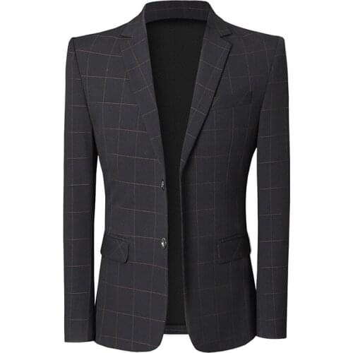 Plaid Men Slim Blazer Fashion Check Jackets Wedding Groom Formal Casual Business Party Office Work Suit Jacket Black Light Gray