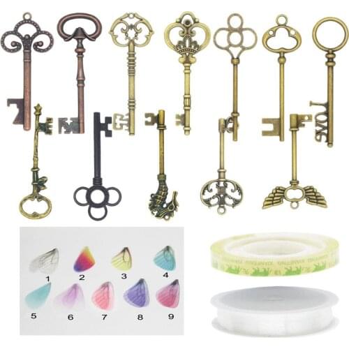 10sets mix color Flying Keys DIY Material Set with Wings and Fishing line Antique Vintage Skeleton Keys Christmas Decorations