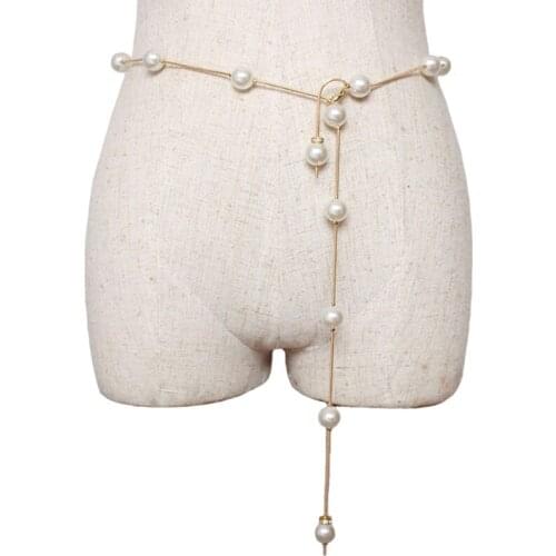 New Elegant Women Imitation Pearl Belts Alloy Chain Belts gold silver White Imitation Pearl Chain Women Clothing Accessories