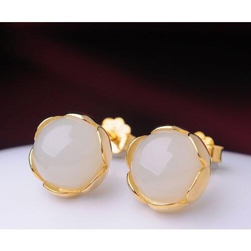 New Inlaid Natural Hetian Jade Lotus Earrings Female Round Cute Charm Small Fresh And Delicate Womens Brand Jewelry