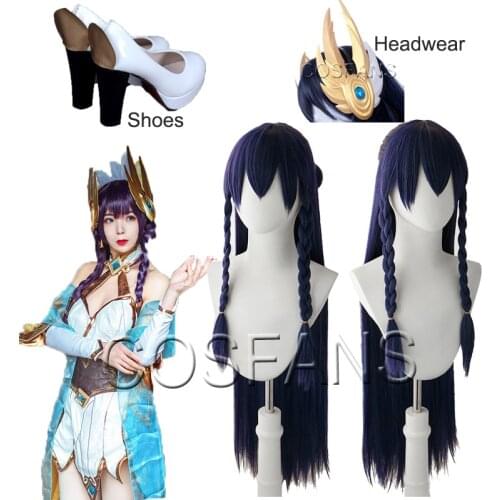 LOL Cosplay Wig Divine Sword Irelia Wig Long Straight Dark Blue Wig The Blade Dancer Halloween Cosplay props Headwear and shoes
