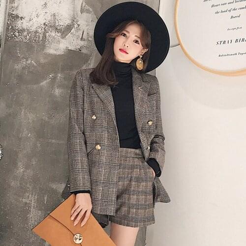 Korean version of British retro plaid casual temperament suit jacket female spring and autumn fashion shorts two suit