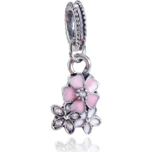 Pink crystal Flowers charm Fits plata de ley original bracelet jewelry valentines day mary poppins bijoux beads DGB181