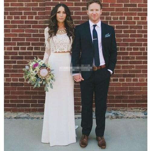 Country Sheath Column Wedding Dresses 2020 Spring Summer Sheer Neck Two Pieces Bohemian Lace Long Sleeve Crop Top Country