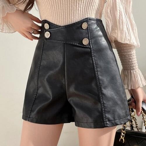 Black Pu Leather Apricot Black Korean Fashion Wide Leg Leather Shorts Women 2021 Autumn Winter Casual High Waist Shorts Female