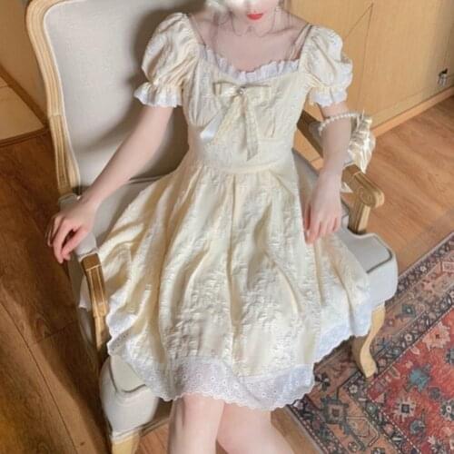 Yellow Kawaii Elegant Dress Women Sweet Korean Princess Lolita Dress Female Casual Puff Sleeve Lace Up Party Dress Summer 2021