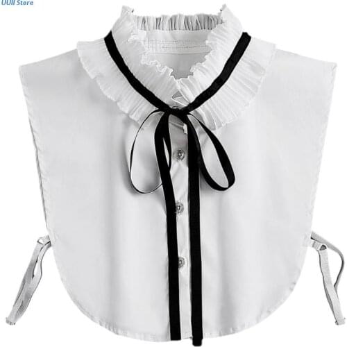 Ladies White Half Shirt Vintage Elegant Ribbon Bow Pleated Ruffles False Collar