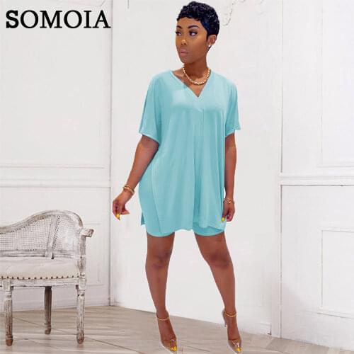 Home Style Womens Clothing Fashion Casual Sexy Solid Color V Neck Bat Sleeves Irregular Split Tops Shorts Loose Two Piece Set