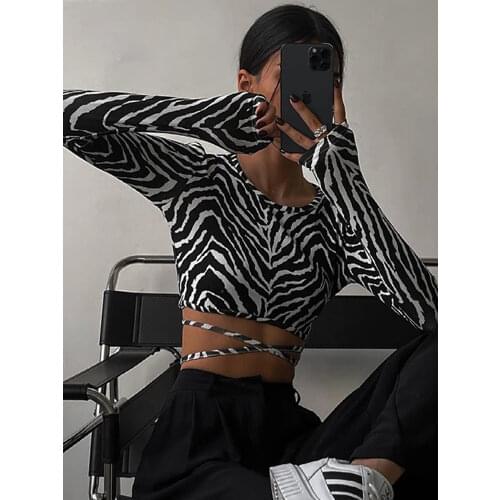 Tossy Backless Sexy Zebra Print Crop Top Chic Slim Bandage Long Sleeve T-shirt Women 2021 Black Stretchy T-shirts Casual