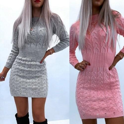 Y166 Women Long Sleeve Twist Cable Knit Bodycon Mini Sweater Dress O-Neck Solid Color Sexy Empire Waist Jumper Streetwear