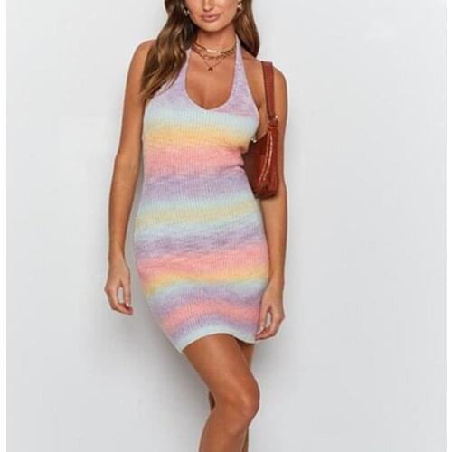 Women Knitting Dresses Sleeveless Halter Backless Bodycob Mini Dress Knitwear Clothes Ladies Female Gradient Color Club Street