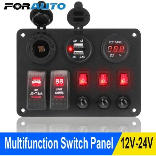 2+3 Gang Rocker Switch Panel Dual USB Ports With Overload Protector Digital Voltmeter Car Marine RV Circuit LED Breaker