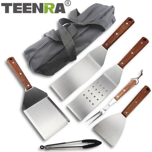 TEENRA 7/8 Piece Stainless Steel Barbecue Fork Brush Spatula Clip Tool Portable Barbecue Tool Set Aluminum Outdoor Cooking Tool