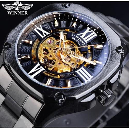 Winner Mens Mechanical Watch Retro Golden Skeleton Square Automatic Skeleton Stainless Steel Belt Gentleman Wrist Watches Clock