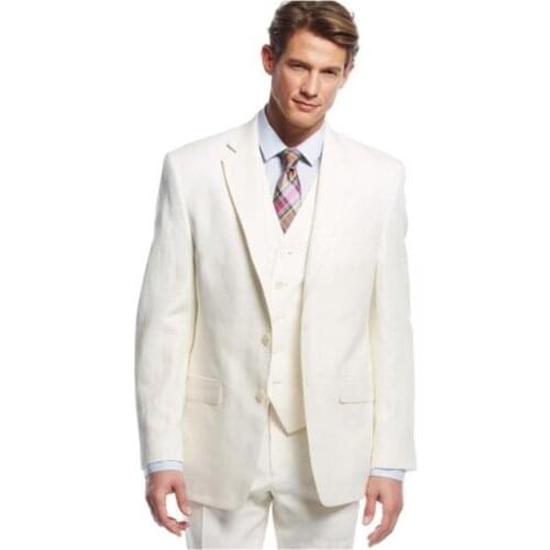 Ivory Linen Men Suits Beach Wedding Tuxedos Groom Wear Slim Fit 3 Pieces (Jacket+Pants+Vest) Groomsman Prom Suits Costume Homme