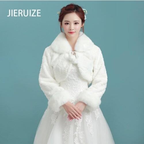 JIERUIZE Winter Wedding Bridal Bolero Warm Faux Fur Wrap Long Sleeves Wedding Jacket Lady Thick Party Cape