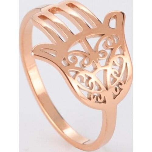 COOLTIME Stainless Steel Hamesh Hamsa Hand Rings for Women Girls Gold Color Fatima Palm Ring Jewelry Birthday Anniversary Gifts